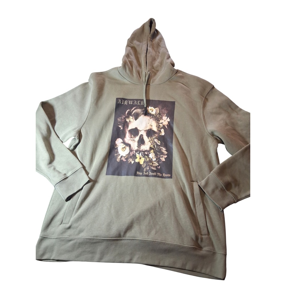 Airwalk Mens 2XL Olive Green Skull Floral Graphic Hoodie Sweatshirt